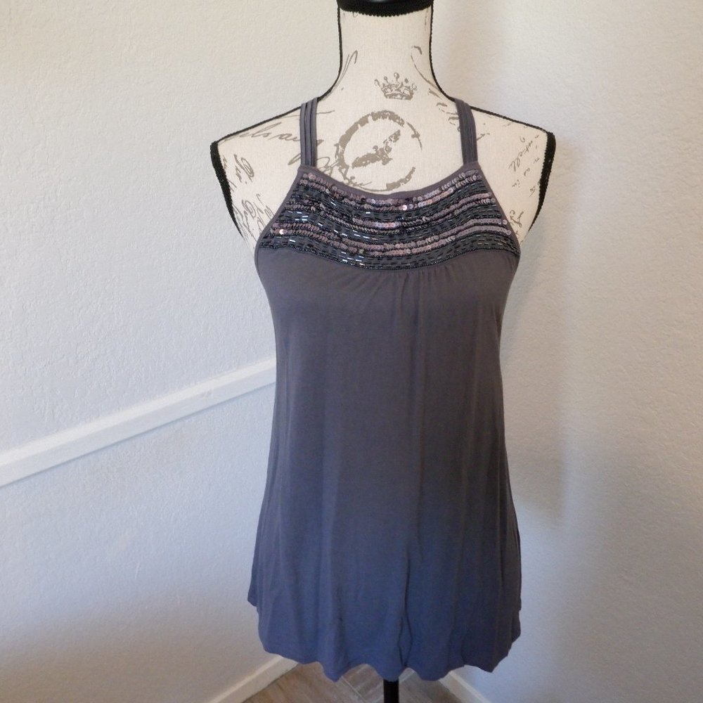 Flowy Gray Tank w/ Sequin Front Top & Cross-Back